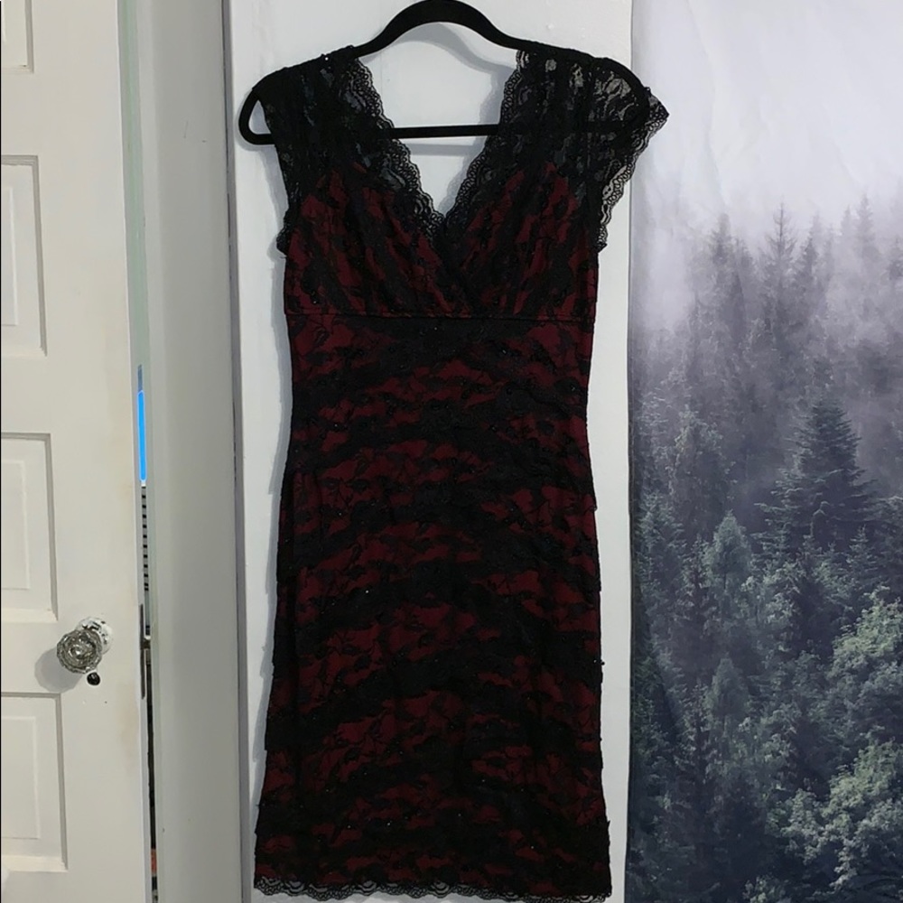 Maroon dress with lace sparkly black on top